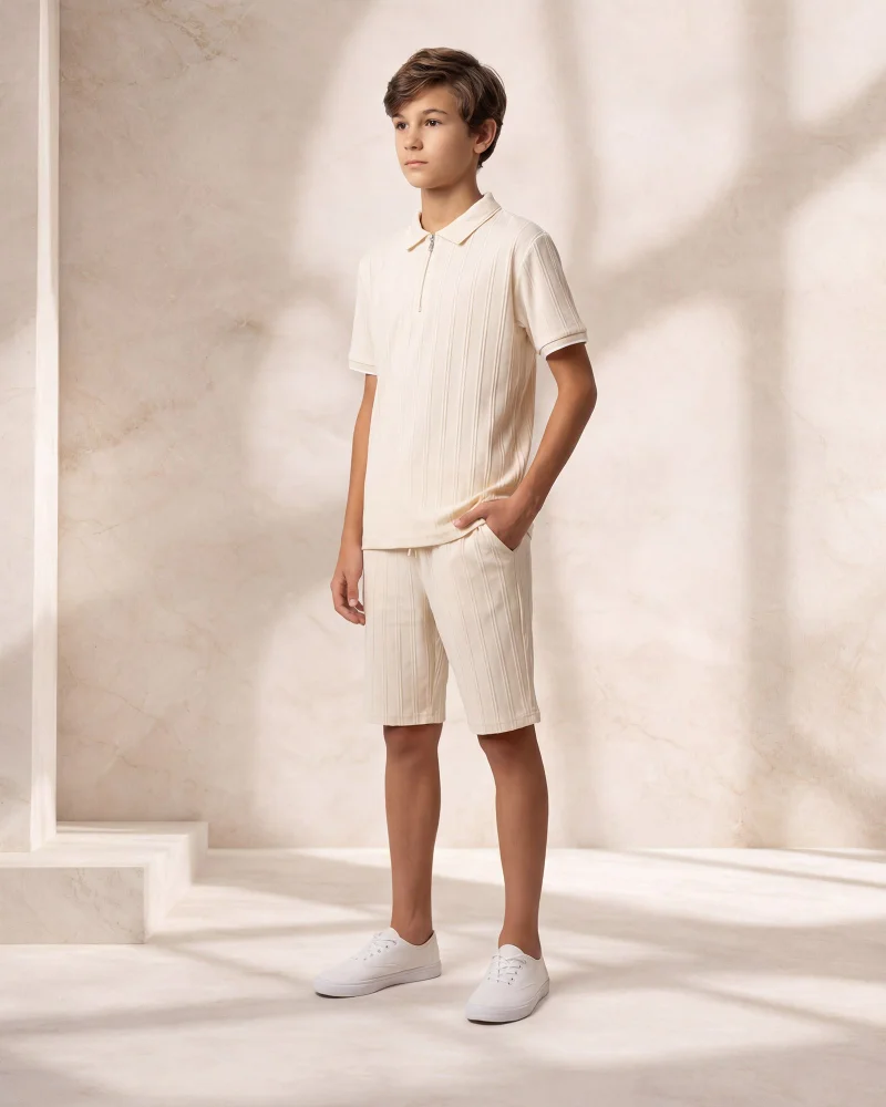 Redtag Senior Boys Ivory Striped Zip Neck Polo And Shorts Set