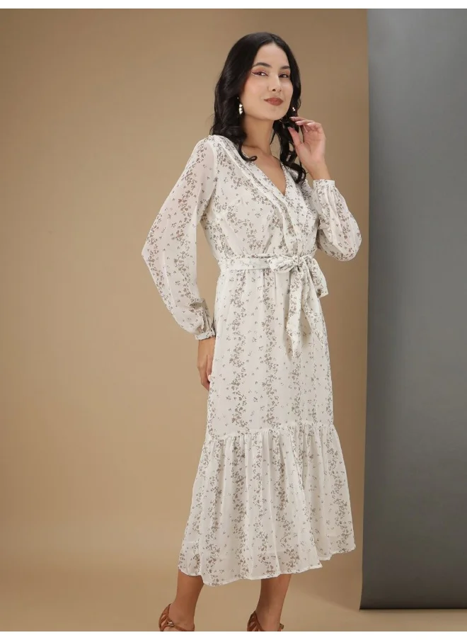 Freehand Women Casual Flare Ditsy Printed V-Neck Mid Dress
