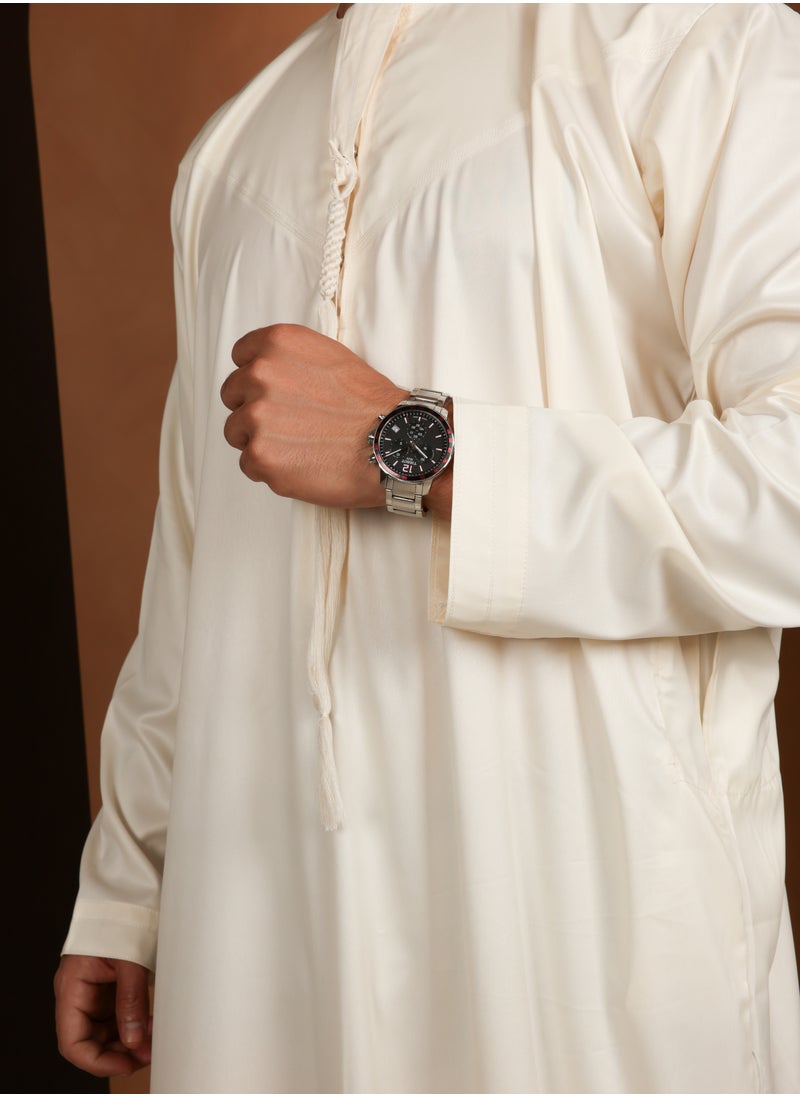 Yigo by Mariam Kandora Yassir – Ivory White Emirati Kandora | Thobe – Soft Satin Blend | Classic & Breathable Traditional Wear. Mens Thobes  - Image 4