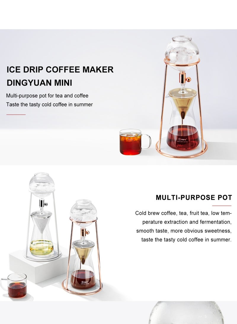 زيروهيرو صانع القهوة بالتقطير البارد ZeroHero Mini Ice Drip Coffee Maker - برج التقطير البارد بسعة 400 مل - مع صمام تقطير قابل للتعديل، لتحضير القهوة الباردة، الشاي والشاي بالفواكه في المنزل أو المكتب. يشمل ملعقة قياس وعبوة أوراق ترشيح. (باللون الذهبي الوردي/الفضي/الأبيض) - Image 2