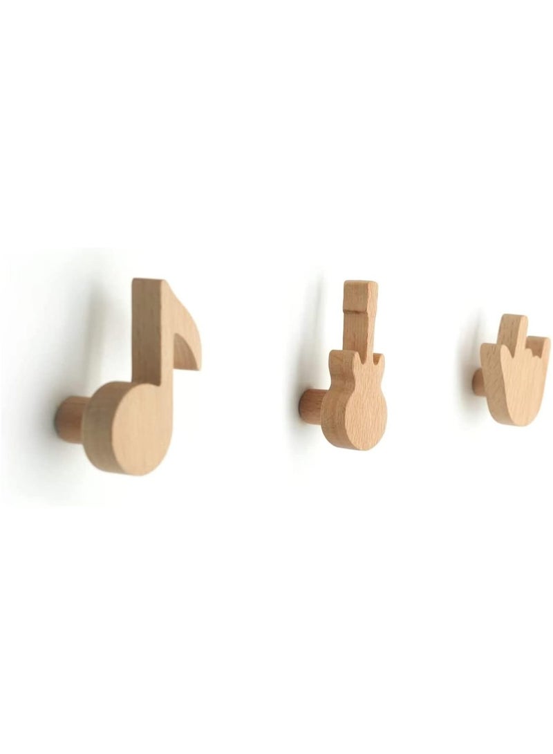 Wood Cute Coat Wall Hooks, Musical Note Guitar Hook, Modern Minimalist Decorative Coat Hooks Wall Mounted for Hanging Coats, Towel, Hat, Keys, Bag, 3 Pcs - Image 1