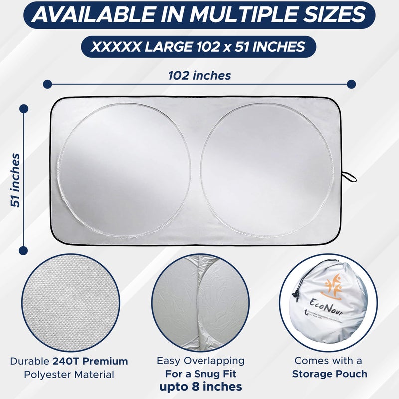 EcoNour RV Windshield Sunshade | Reflective RV Windshield Cover for UV Rays & Heat Protection, Keeps Your RV Motorhome Cool | Shades for RV Fits RVs, Trucks, Motorhomes, Buses | XXXXX-Large 102"x51" - Image 4