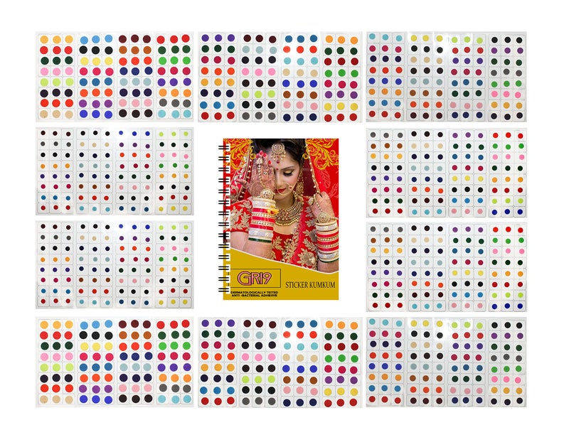 GRI9 960 Multicolour Bollywood Forehead Stickers Adhesive Body Jewel 10 Page Book of Different Sized Tattoo Bindi Round Dot Circle (960 PC Bindi Book) - Image 1