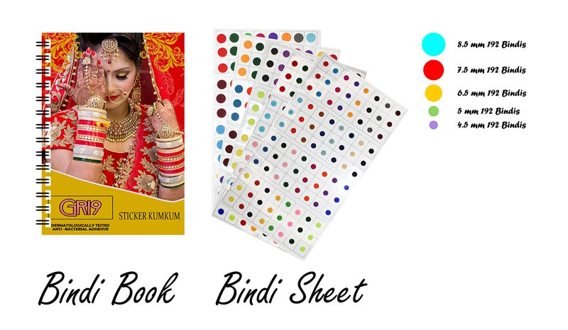 GRI9 960 Multicolour Bollywood Forehead Stickers Adhesive Body Jewel 10 Page Book of Different Sized Tattoo Bindi Round Dot Circle (960 PC Bindi Book) - Image 3