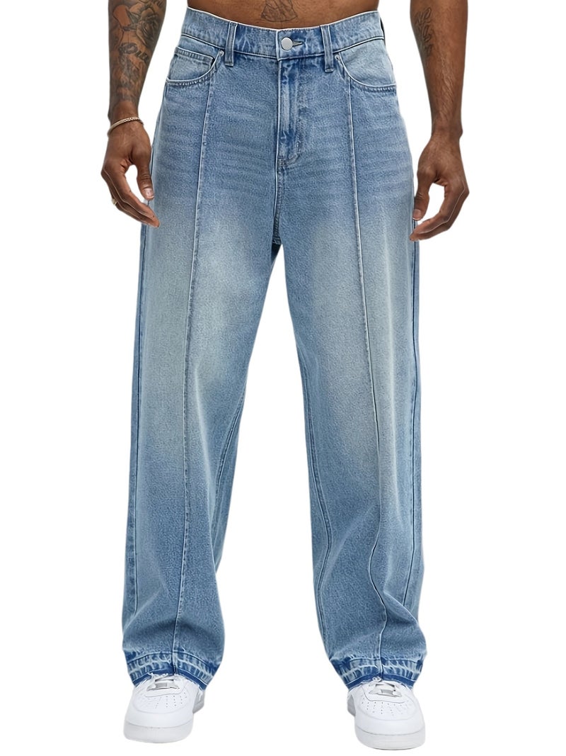 Men'S Jeans All Seasons Loose Straight 2025 Men'S Easy Fashion Versatile American Casual Trousers Blue Elastic Wide Leg Pants - Image 1