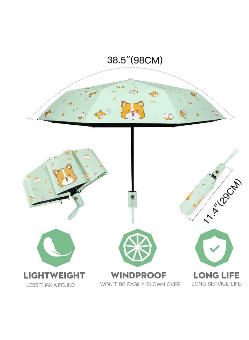 SOLARAE Automatic Umbrella, UV Protection Travel Windproof Golf Cartoon Umbrella, Double Canopy Vented Sun Rain Umbrella Stick Umbrellas (Dia 85cm, Light Green, Corgi) - Image 3