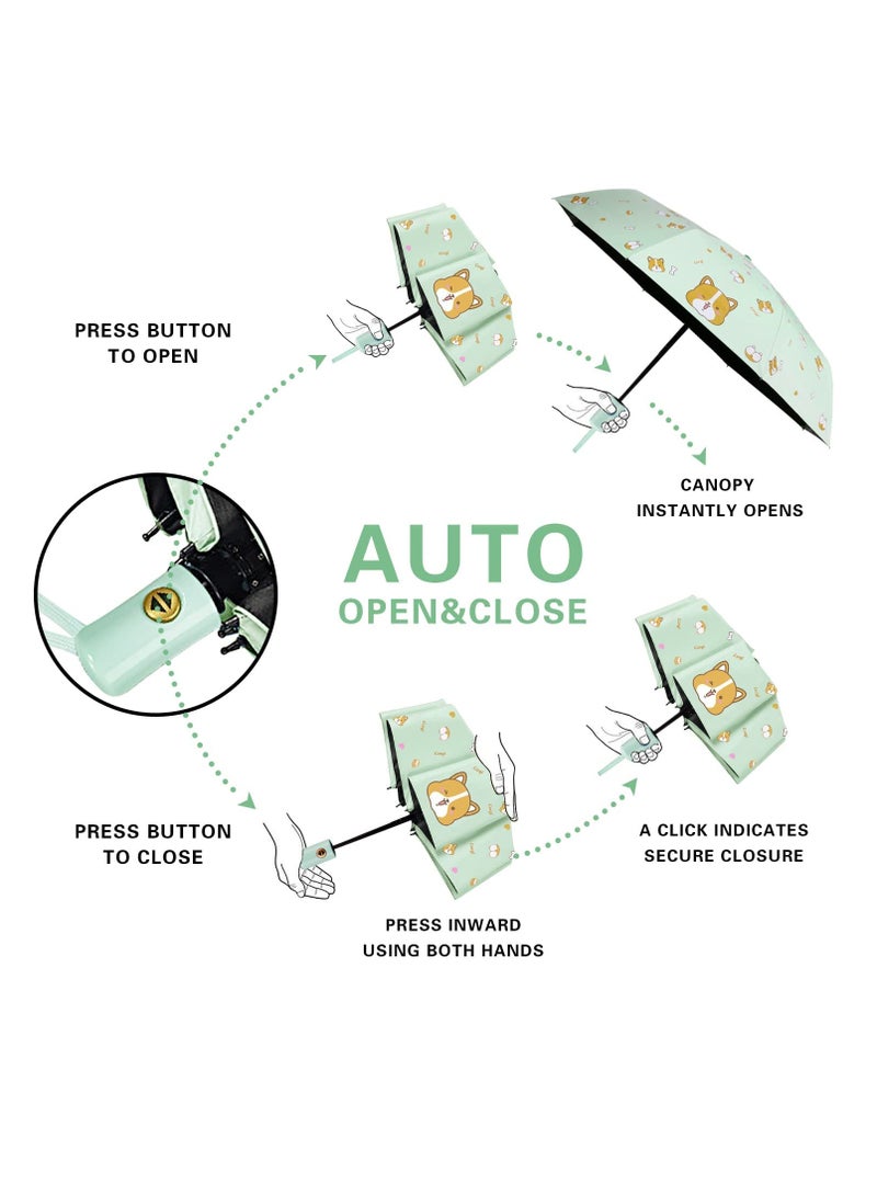 SOLARAE Automatic Umbrella, UV Protection Travel Windproof Golf Cartoon Umbrella, Double Canopy Vented Sun Rain Umbrella Stick Umbrellas (Dia 85cm, Light Green, Corgi) - Image 2