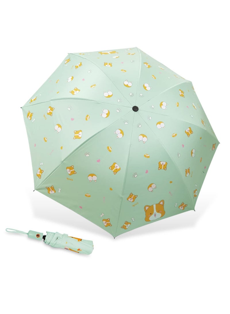 SOLARAE Automatic Umbrella, UV Protection Travel Windproof Golf Cartoon Umbrella, Double Canopy Vented Sun Rain Umbrella Stick Umbrellas (Dia 85cm, Light Green, Corgi) - Image 1