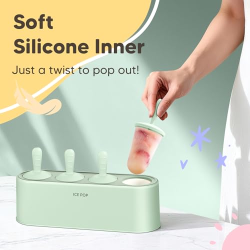 WYOK Popsicle Mold Set 4 Pieces Homemade Silicone Popsicle Maker Easy Release Ice Cream Molds Reusable DIY Pop Molds (Green, IcyClassic Pops) - Image 2