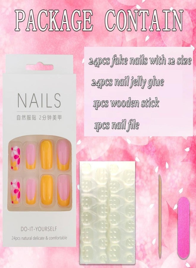 Vezocim Press on Nails Coffin with Flower Designs, 24Pcs Artificial Short Square Fake Nails with Glue, Full Cover Glossy Acrylic Floral False Nails, Stick on Fingernails for Women (W1058) - Image 4