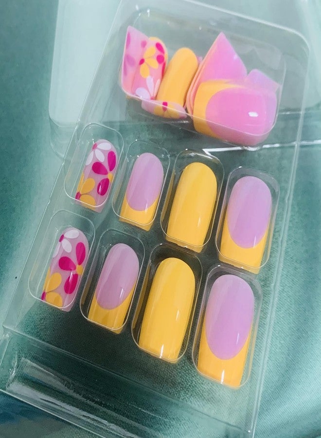 Vezocim Press on Nails Coffin with Flower Designs, 24Pcs Artificial Short Square Fake Nails with Glue, Full Cover Glossy Acrylic Floral False Nails, Stick on Fingernails for Women (W1058) - Image 5