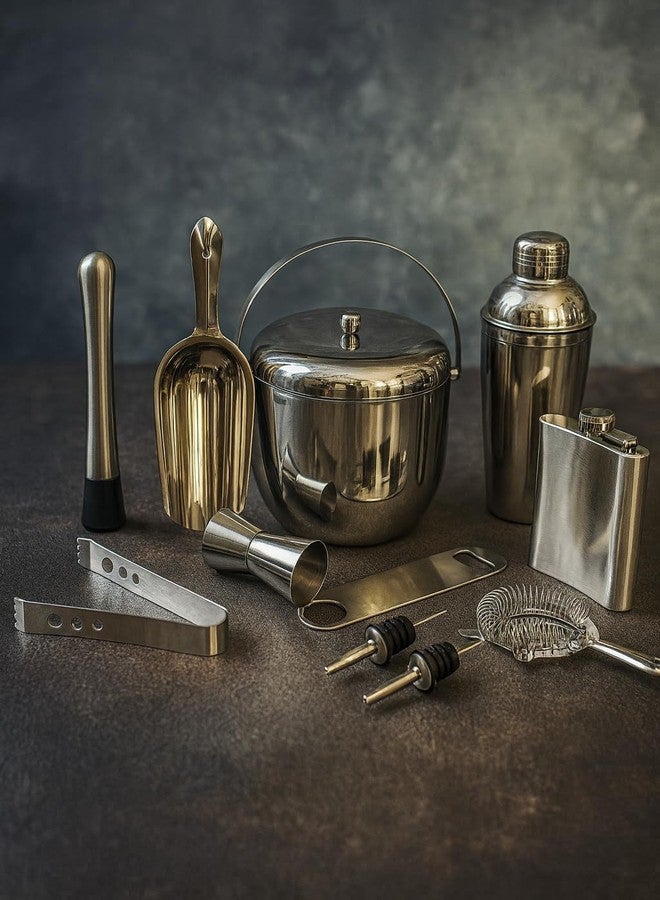 Nooks Stainless Steel Barware Kits and Accessories with Apple Shape ice Bucket (1250ml) and with Cocktail Shaker (750ml) in Silver Color for Home, bar and Mini bar_(Pack of 11)_(Made in India) - Image 1