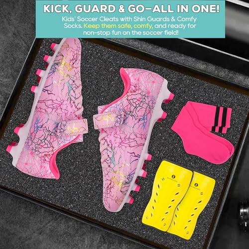 brooman Kids Firm Ground Soccer Cleats Girls Football Cleats with Shin Guards and Soccer Socks (13,Pink) - Image 4