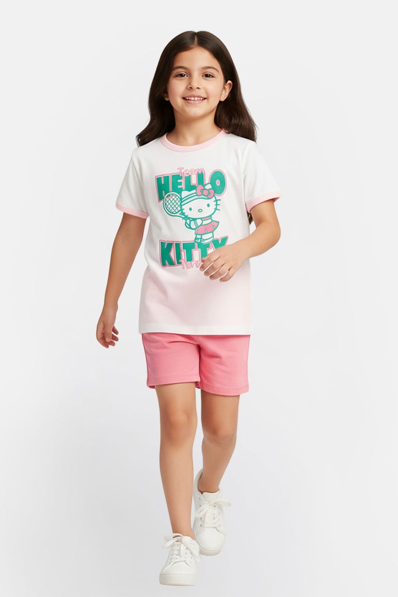 Disney x Hello Kitty Kids Girl Crew Neck Short Sleeve Graphic Print T-Shirt, White - Image 1