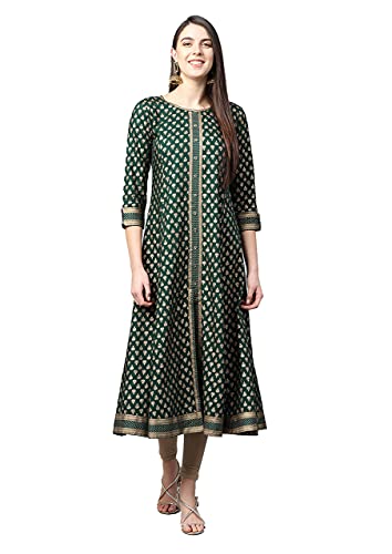 Yash Gallery Women's Rayon Gold Print A-Line Kurta (Green) - Image 1