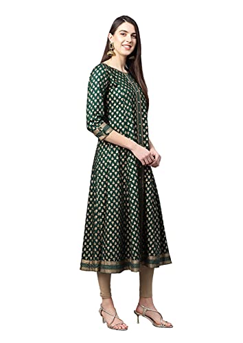 Yash Gallery Women's Rayon Gold Print A-Line Kurta (Green) - Image 4