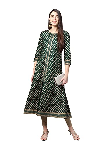 Yash Gallery Women's Rayon Gold Print A-Line Kurta (Green) - Image 2