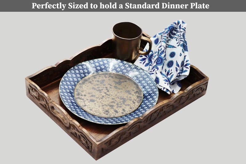 Cotton Craft Hand Carved Wooden Serving Tray - Decorative Breakfast Tray with Handles - Rustic Wooden Food Tray with Intricate Detail - Unique Furnishing Accent - Natural Finish - 17 x 13 x 2.5 Inch - COTTON CRAFT - Image 5