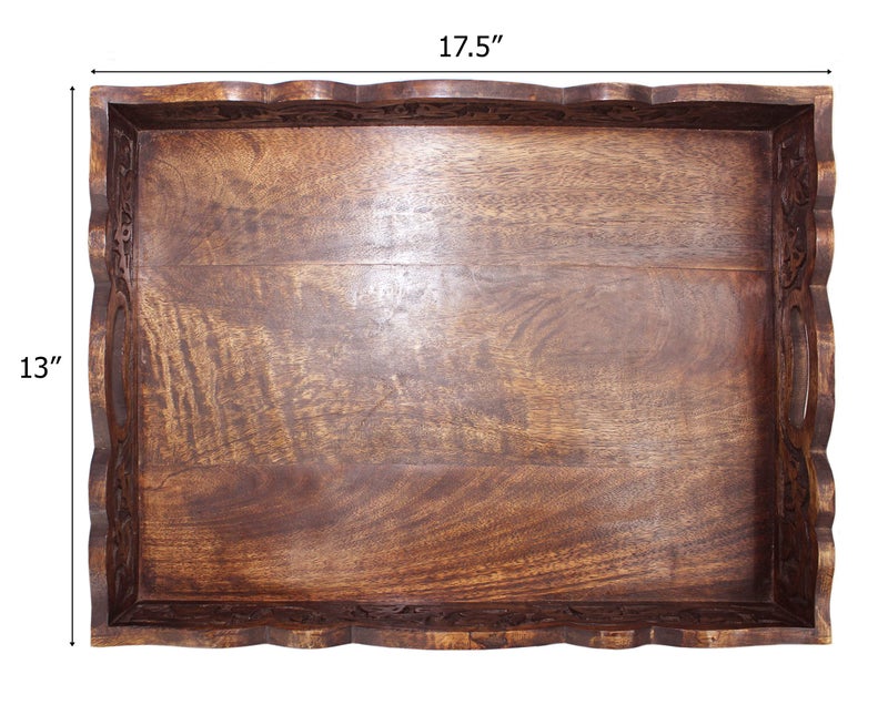 Cotton Craft Hand Carved Wooden Serving Tray - Decorative Breakfast Tray with Handles - Rustic Wooden Food Tray with Intricate Detail - Unique Furnishing Accent - Natural Finish - 17 x 13 x 2.5 Inch - COTTON CRAFT - Image 2