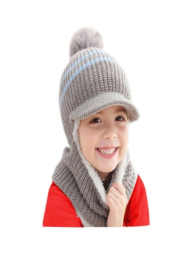 Niue Baby Boys & Girls 3 in 1 Hooded Warm Winter Knitted Hats Fur Lined Warm Winter Hats That Cover Face with Attached Neck Cover and Mask, Warmer Balaclava Pompoms Cap(Grey)-(Pack of 01) - Image 1