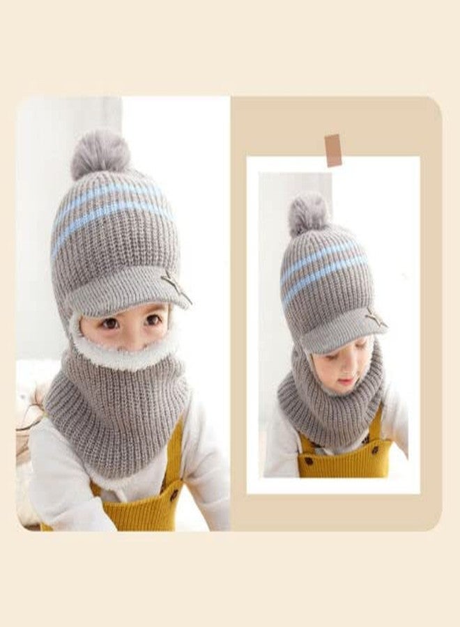 Niue Baby Boys & Girls 3 in 1 Hooded Warm Winter Knitted Hats Fur Lined Warm Winter Hats That Cover Face with Attached Neck Cover and Mask, Warmer Balaclava Pompoms Cap(Grey)-(Pack of 01) - Image 2