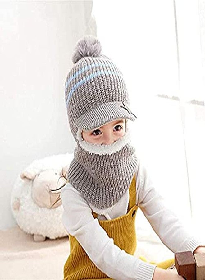 Niue Baby Boys & Girls 3 in 1 Hooded Warm Winter Knitted Hats Fur Lined Warm Winter Hats That Cover Face with Attached Neck Cover and Mask, Warmer Balaclava Pompoms Cap(Grey)-(Pack of 01) - Image 3