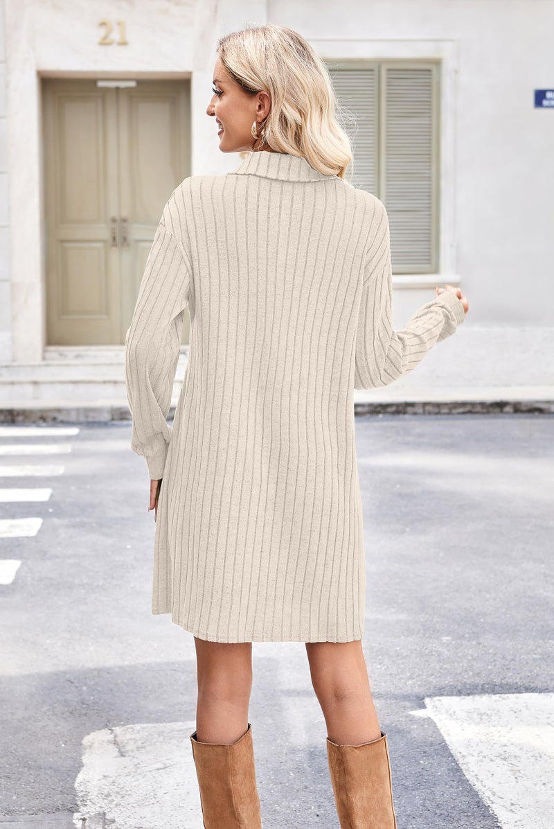 Halife Fall Dress for Women 2025 Casual V Neck Sweater Dress with Zipper Long Sleeve Dress Tunics to Wear with Leggings Apricot XL - Image 4
