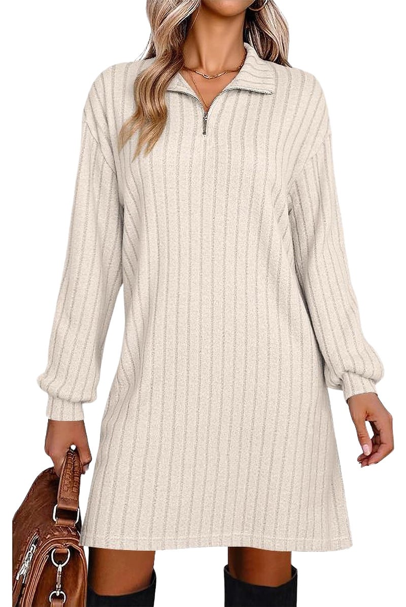 Halife Fall Dress for Women 2025 Casual V Neck Sweater Dress with Zipper Long Sleeve Dress Tunics to Wear with Leggings Apricot XL - Image 1