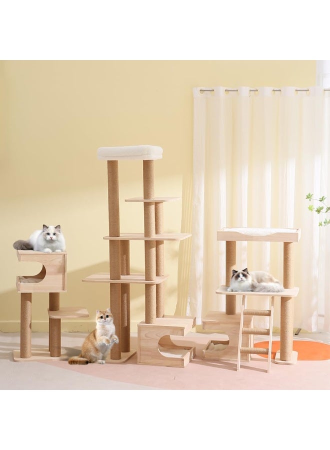NeoStyle Wood Cat Tree for Indoor Cats, Tall Cat Furniture with Natural Sisal Rope Scratching Post, Modern Wooden Cat Tower with Cave, Mat, Stable Pet Playhouse Furniture (3 layers) - Image 5