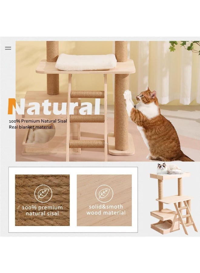 NeoStyle Wood Cat Tree for Indoor Cats, Tall Cat Furniture with Natural Sisal Rope Scratching Post, Modern Wooden Cat Tower with Cave, Mat, Stable Pet Playhouse Furniture (3 layers) - Image 3