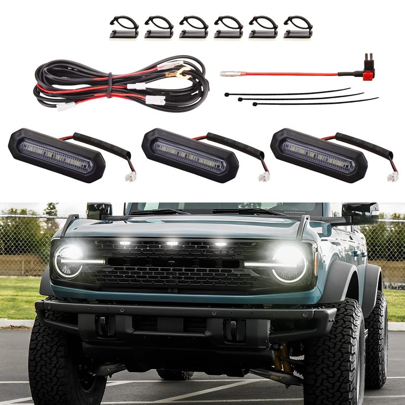 AUXLIGHT 3PCS LED Grille Lights for Ford Bronco 20212023 BadlandsWildtrakEverglades Accessories 24Door OEM Grill Lights with Fuse Wiring Harness White