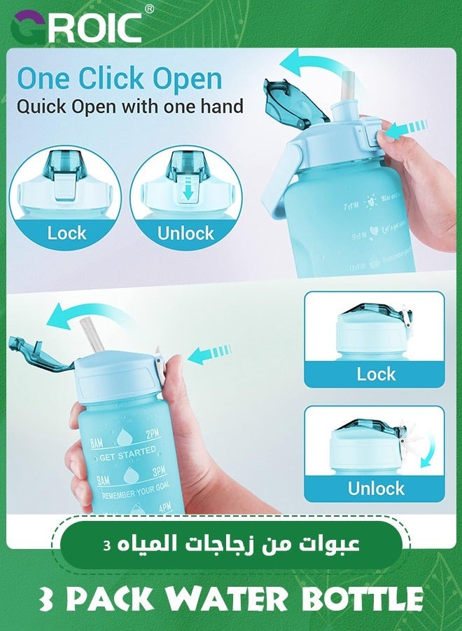 GROIC 3 Pack Sport Healthy Water Bottle 2L+750ml+280ml Motivational Time Marker,Straw,BPA Free,Fitness Office Gym Home Outdoor School Exercise shake Leak Proof Bottle(Green) - Image 3