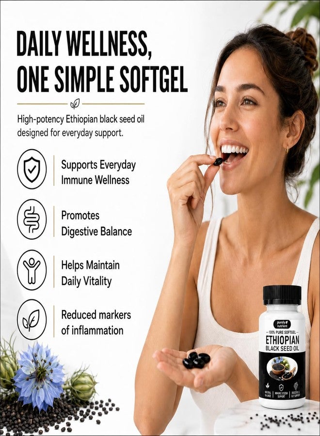 Peehss Purely Nutrient Ethiopian Black Seed Oil Capsules, Purely Black Seed Oil Organic Cold Pressed with 4.64% Thymoquinone, Aceite De Semilla Negra - 60 Softgels - Image 2