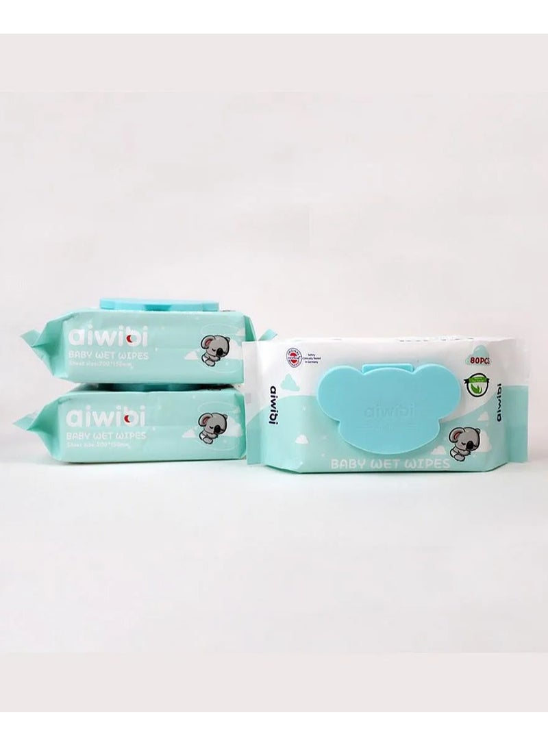 Aiwibi 100% Skin-friendly Baby Wet Wipes, Skin Friendly for Newborn, Softer, Alcohol Free, 0 Months+, 80wipes Pack of 3 - 240 Pieces - Image 1