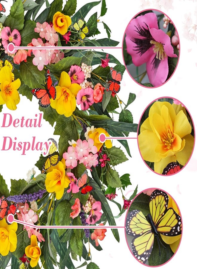 Montekin 20" Colorful Pansy Spring Summer Wreath with Impatiens Hawkeri and Butterfly, Artificial Green Floral Wreath for Front Door Outside Home Wall Wedding Farmhouse Holiday Outdoor Indoor Décor - Image 2