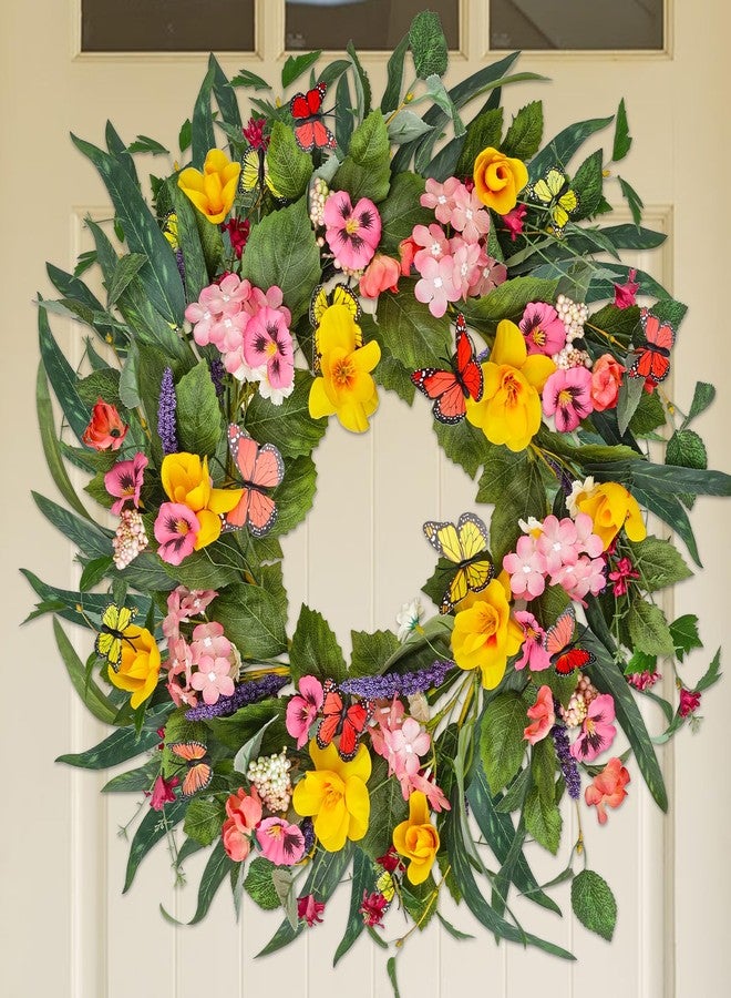 Montekin 20" Colorful Pansy Spring Summer Wreath with Impatiens Hawkeri and Butterfly, Artificial Green Floral Wreath for Front Door Outside Home Wall Wedding Farmhouse Holiday Outdoor Indoor Décor - Image 1