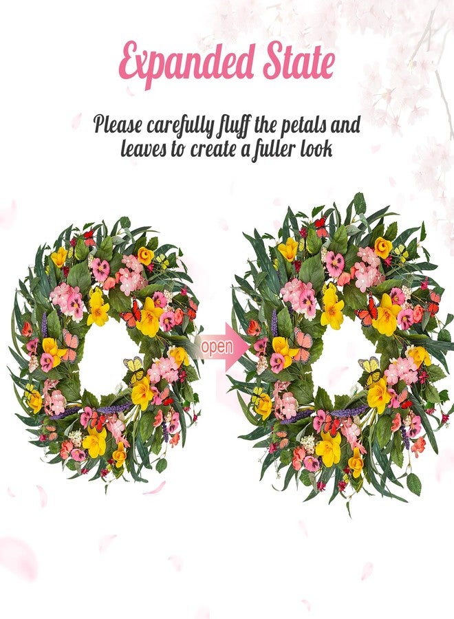 Montekin 20" Colorful Pansy Spring Summer Wreath with Impatiens Hawkeri and Butterfly, Artificial Green Floral Wreath for Front Door Outside Home Wall Wedding Farmhouse Holiday Outdoor Indoor Décor - Image 3