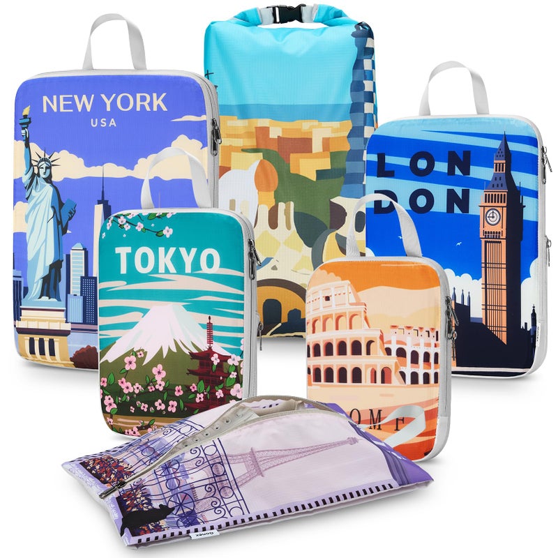 Gonex Compression Packing Cubes 6pcs Expandable Storage Travel Luggage Bags Organizers with Shoe Bag Laundry Bag Travel Cubes for Suitcase Carry On Urban Landscape - Image 2
