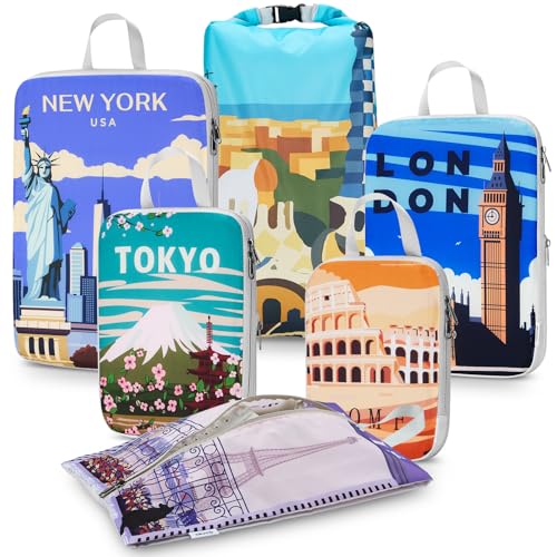 Gonex Compression Packing Cubes 6pcs Expandable Storage Travel Luggage Bags Organizers with Shoe Bag Laundry Bag Travel Cubes for Suitcase Carry On Urban Landscape - Image 1