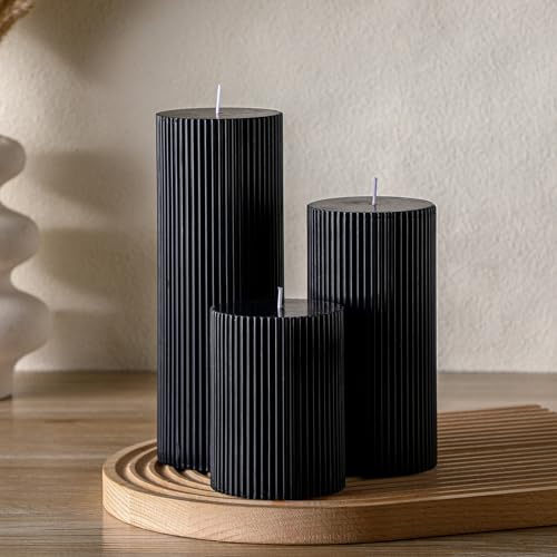 Conelist Ribbed Pillar Candles Set of 3 Width 3 High 4 6 8 Large Soy Wax Orchids Scented Pillar Candles Aesthetic Ribbed Modern Home Decor for Bathroom Living RoomBlack