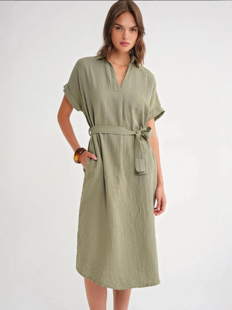 MixRay Mixray Belted Short-Sleeve Midi Dress