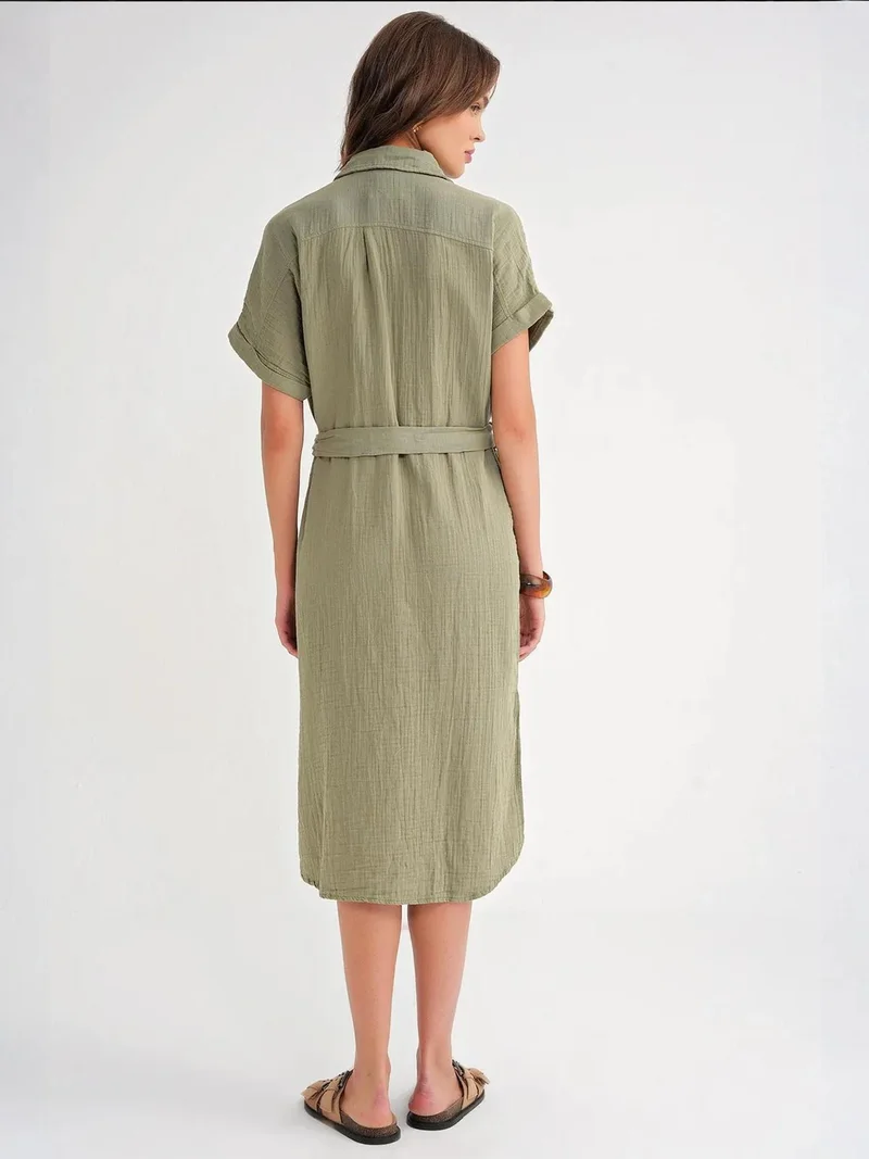 MixRay Khaki Green Mixray Belted Short-Sleeve Midi Dress for Women | Best Price UAE