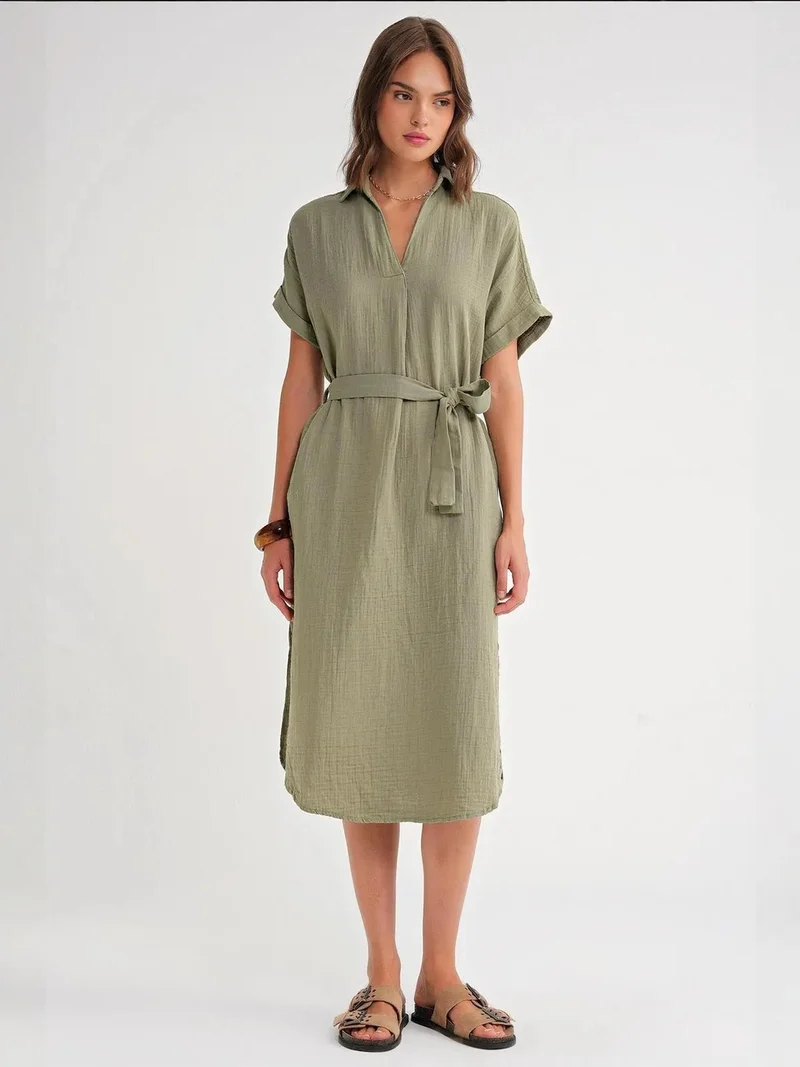 MixRay Mixray Belted Short-Sleeve Midi Dress