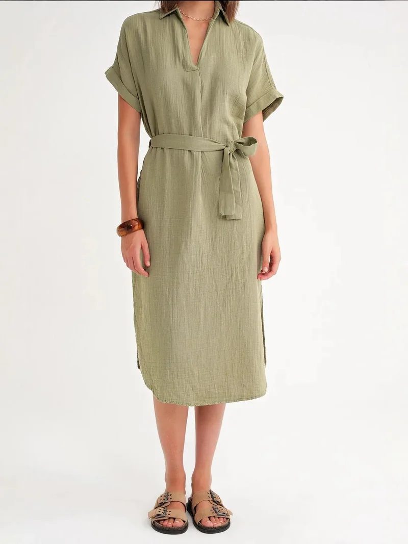 MixRay Khaki Green Mixray Belted Short-Sleeve Midi Dress for Women | Best Price UAE