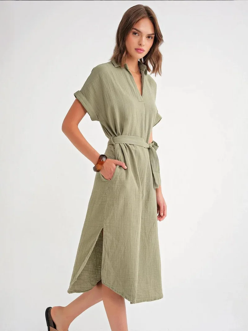 MixRay Khaki Green Mixray Belted Short-Sleeve Midi Dress for Women | Best Price UAE