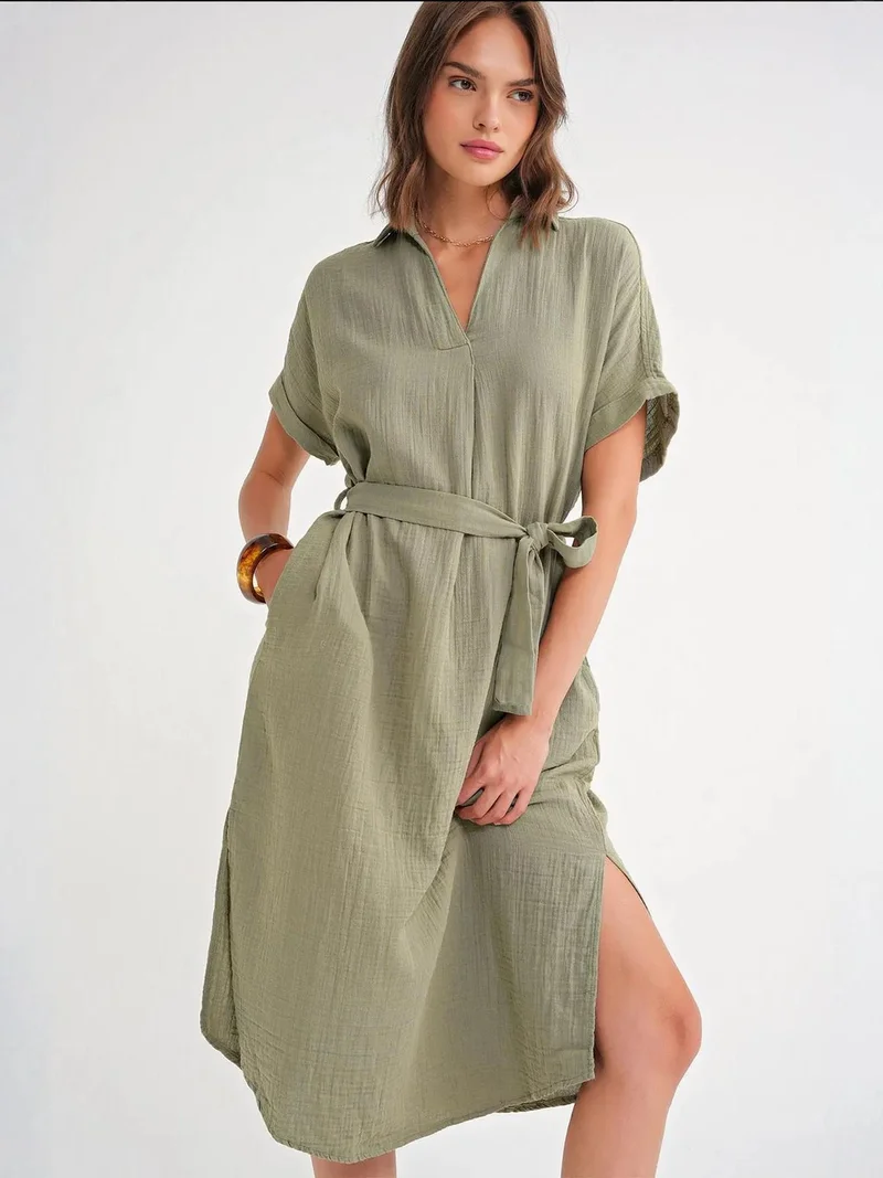 MixRay Khaki Green Mixray Belted Short-Sleeve Midi Dress for Women | Best Price UAE