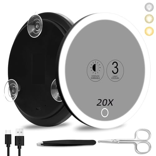 Suupvaor 20x Lighted Magnifying Mirror with Suction Cups Large 6 Magnified Mirror with Light High Magnification Travel Makeup Mirror Rechargeable Battery 3 Colors Dimming Light with Tweezers Scissors - Image 1