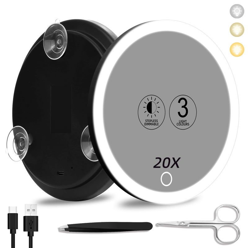 Suupvaor 20x Lighted Magnifying Mirror with Suction Cups Large 6 Magnified Mirror with Light High Magnification Travel Makeup Mirror Rechargeable Battery 3 Colors Dimming Light with Tweezers Scissors - Image 2