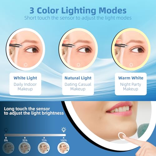 Suupvaor 20x Lighted Magnifying Mirror with Suction Cups Large 6 Magnified Mirror with Light High Magnification Travel Makeup Mirror Rechargeable Battery 3 Colors Dimming Light with Tweezers Scissors - Image 3