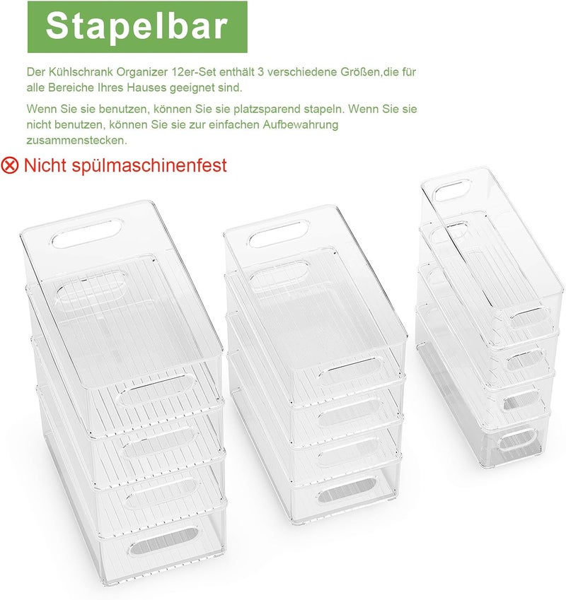 Finew Fridge Organiser Set of 12 (4 Small, 4 Medium, 4 Large), Stackable Fridge Container, Transparent Storage Box for Kitchen, Pantry, Cupboards, Sinks, Bathroom - BPA Free - Image 3